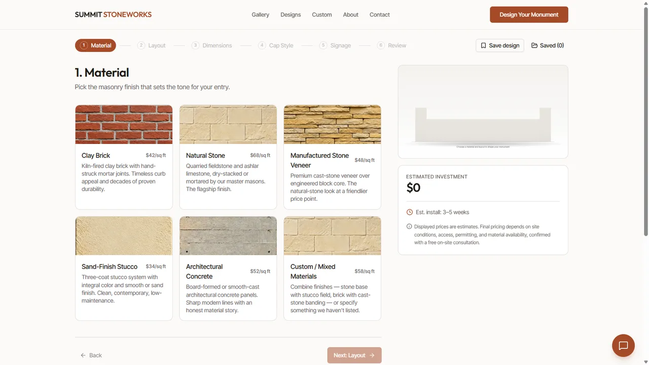 Summit Stoneworks interactive monument configurator